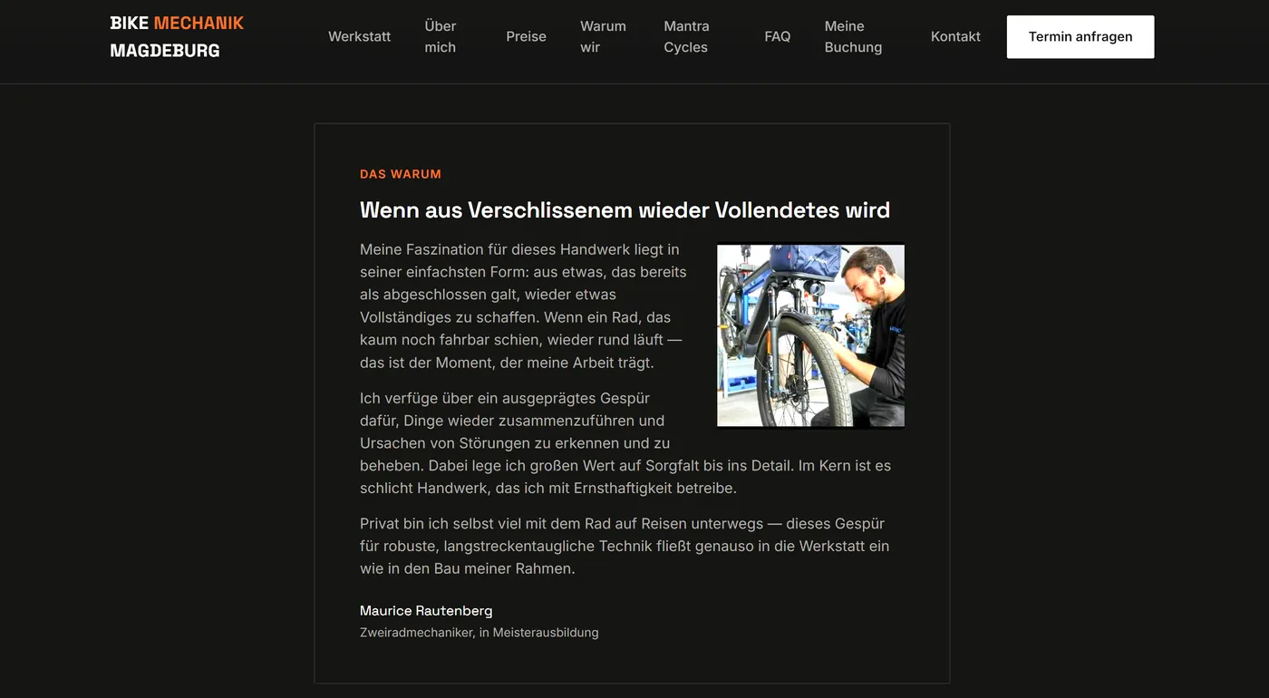 Website Bike Mechanik Magdeburg, Abschnitt Das Warum